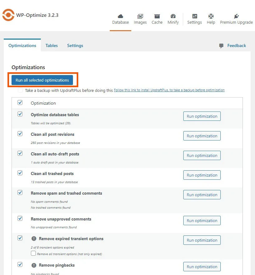 كيفية تنظيف قاعدة بيانات الووردبريس لتسريع الموقع وتحسين أداءه بنقرة واحدة 3 WP Optimize database