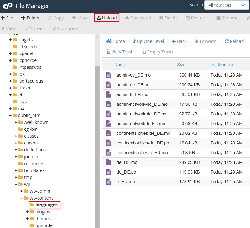 تغيير لغة موقع ووردبريس من لوحة التحكم أو بشكل يدوي 7 filemanager lang